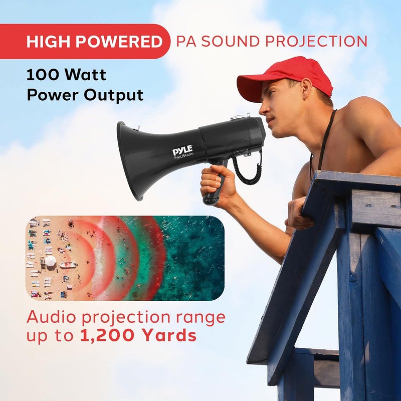Pyle 100-Watt Square Megaphone Bullhorn, Lightweight and Portable Loudspeaker Horn with Aux (3.5mm) Input for MP3/Music, Automatic Siren, Whistle, MIC/Talk (Black), 1500 Square Yards Projection Range - Image 2